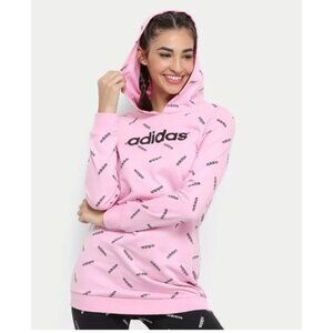 Adidas Graphic Logo Print Hoodie French Terry Tunic Hoodie Pink Black Sz XS